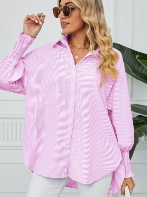 Women Clothing Trade Cuff Pleating Loose Striped Shirt Top