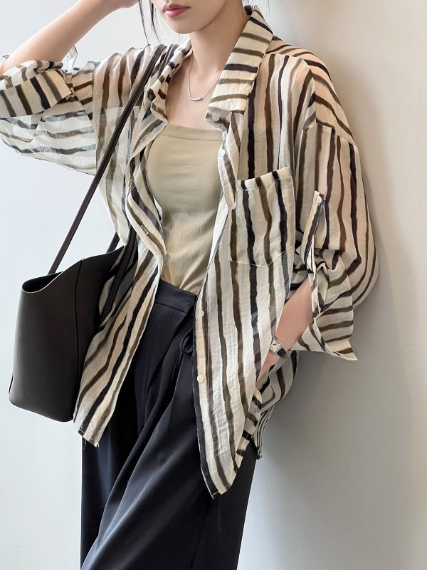 Breathable Stripes Shirt for Women Summer Loose Stylish Long Sleeves Cardigan Shirt