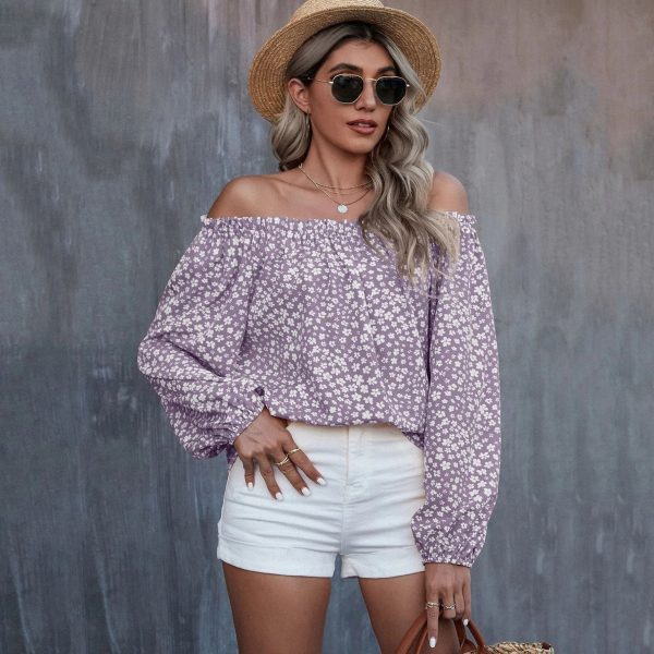 Autumn Winter Women Clothing Sexy off the Shoulder Printed Long Sleeve Loose Top T shirt