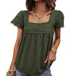 Casual French Square Collar Top Summer Short Sleeve Lace Stitching Women Clothing