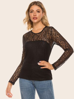 Spring Summer Women Round-Neck Sexy Hollow Out Cutout out Lace Stitching Long Sleeve Casual Bottoming Shirt