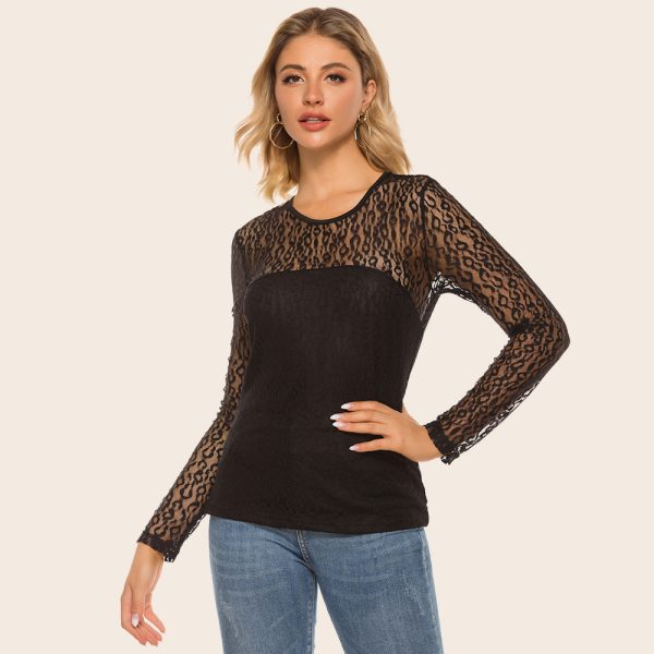 Spring Summer Women Round-Neck Sexy Hollow Out Cutout out Lace Stitching Long Sleeve Casual Bottoming Shirt