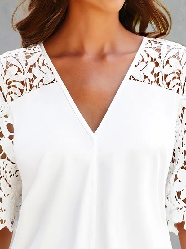 Summer V Neck Sexy Lace Cutout Short Sleeved Chiffon Blouse Women Top