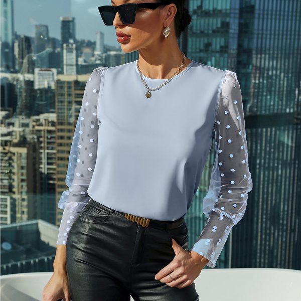 Women Clothing round Neck Solid Color Jacquard Dot Long Sleeved Shirt Casual Patchwork Shirt Top Women