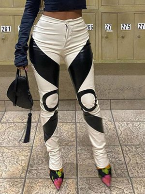 Women Clothing Faux Leather Black White Contrast Color round Abstract Gothic Casual Pants Tight Trousers Winter
