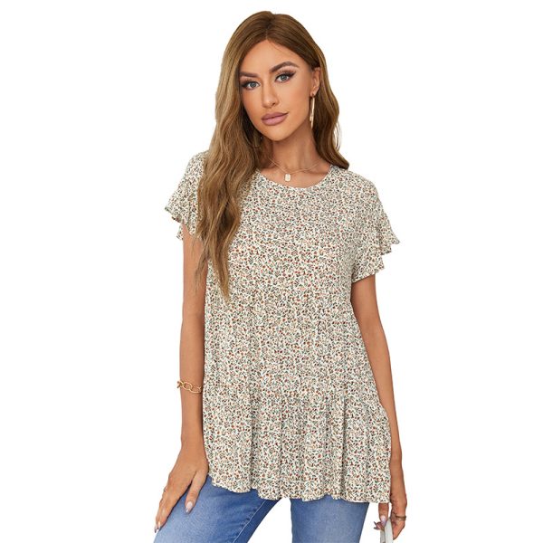 Summer Elegant Elegant round Neck Ruffle Sleeve A Line Printed Babydoll Top