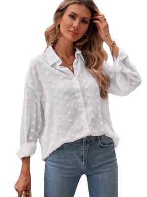 Autumn Women Clothing Long Sleeve Collared Shirt Polka Dot Chiffon Jacquard Cardigan Office Top