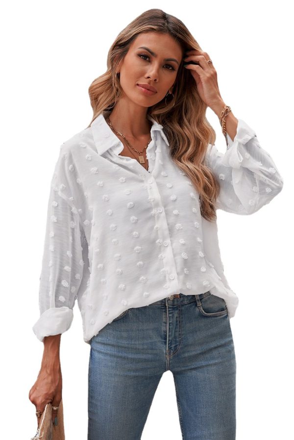 Autumn Women Clothing Long Sleeve Collared Shirt Polka Dot Chiffon Jacquard Cardigan Office Top