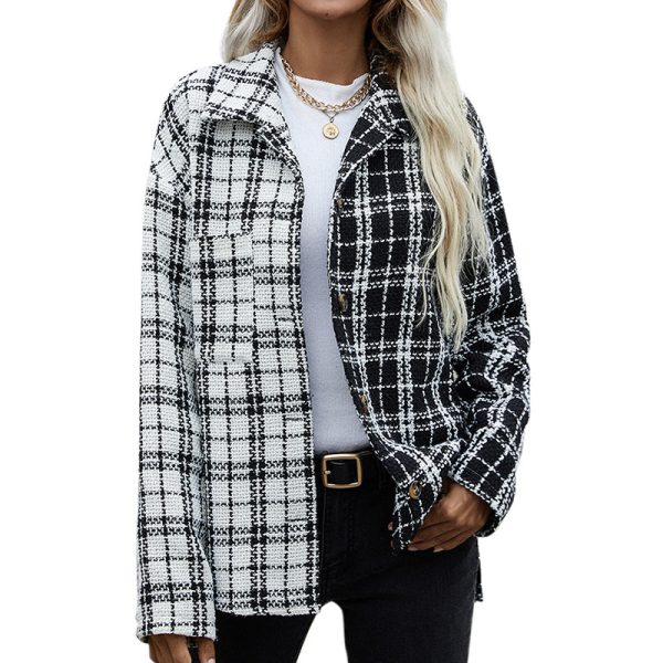 Autumn color block Long Sleeve Shirt Black White Stitching Plaid Single-Breasted Cardigan Women