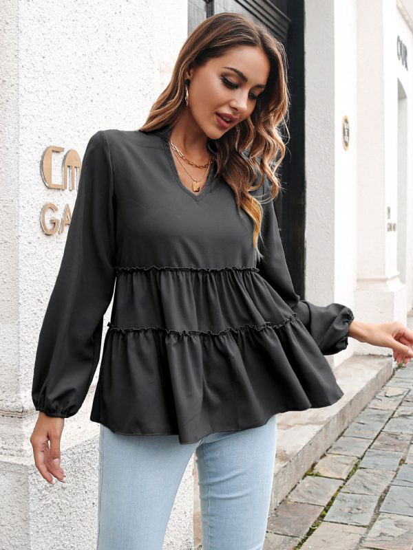 Women Clothing Autumn Winter V-neck Ruffled Loose Casual Top Chiffon Shirt