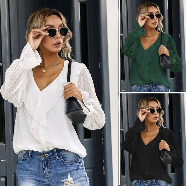 Solid Color V-neck Pullover Ruffled Lantern Sleeves Office Loose Chiffon Autumn Women Top