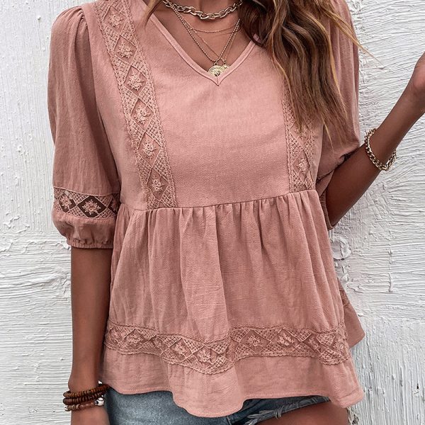 Summer Casual Women Wear Pink Cotton Linen Shirt Women