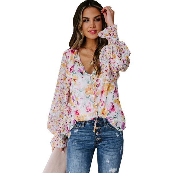 Chiffon Shirt Cardigan Spring Summer Loose Floral Pattern Lantern Sleeve Top for Women