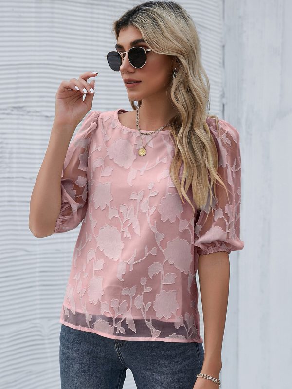 Summer Women Chiffon Floral Pullover round Neck Shirt with Half Sleeve Office Chiffon Shirt