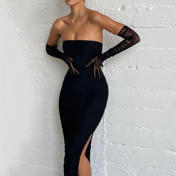 Women Summer Mesh Oversleeve Sexy Bandeau Pleated Maxi Dress Women Opera Glove