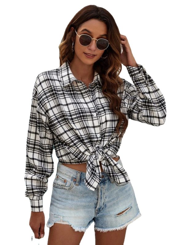 Autumn Office Pullover Collared Loose Women Plaid Shirt