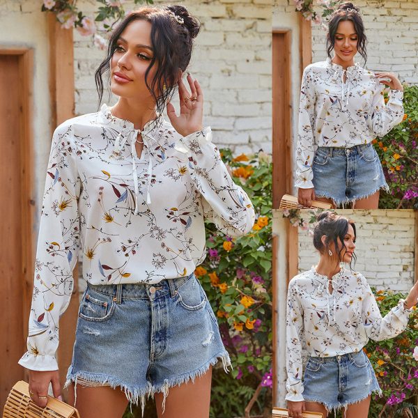 Women Clothing  Spring Autumn Long Sleeve Small Floral Tie-Neck Printed Top