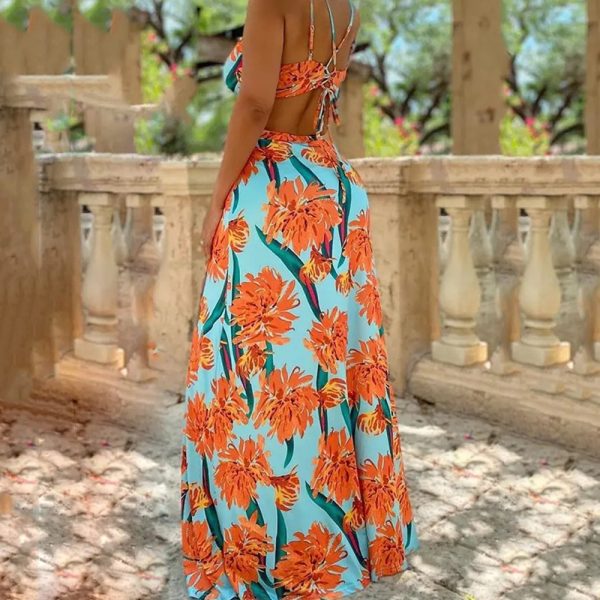 Summer  Printed Sexy Suspenders Backless Slit Dress