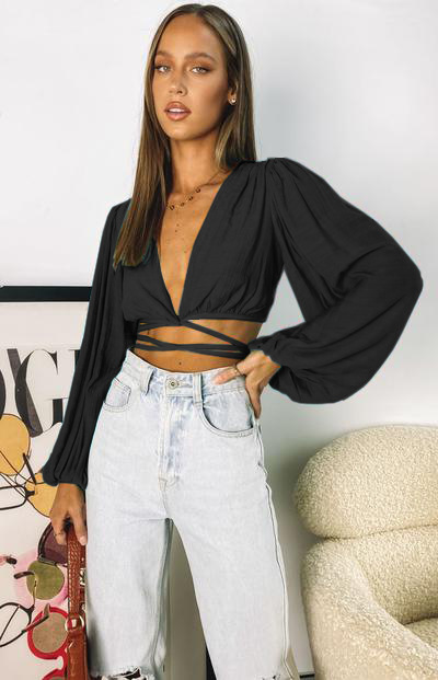 Solid Color Women Summer Breathable Lantern Sleeve Sexy V-neck Lace-up Cardigan Crop Top Short Top Sun Protection Shirt