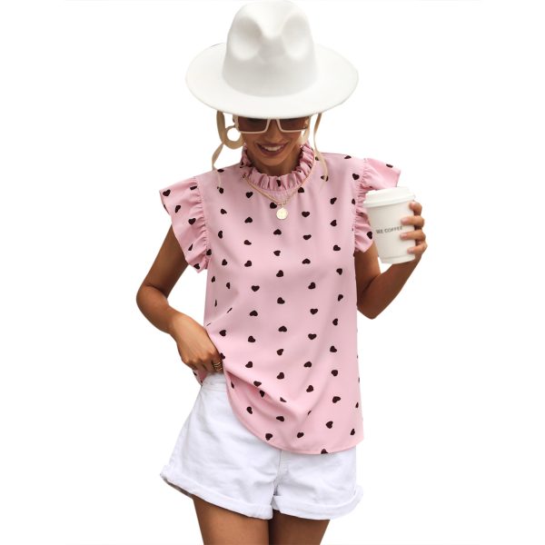 Women Clothing Casual Ruffled Short Sleeves round Neck Polka Dot Shirt Tide