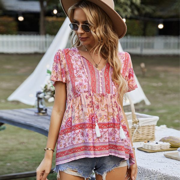 Bohemian Women Wear T-shirt Spring Summer Casual Vacation Babydoll Top