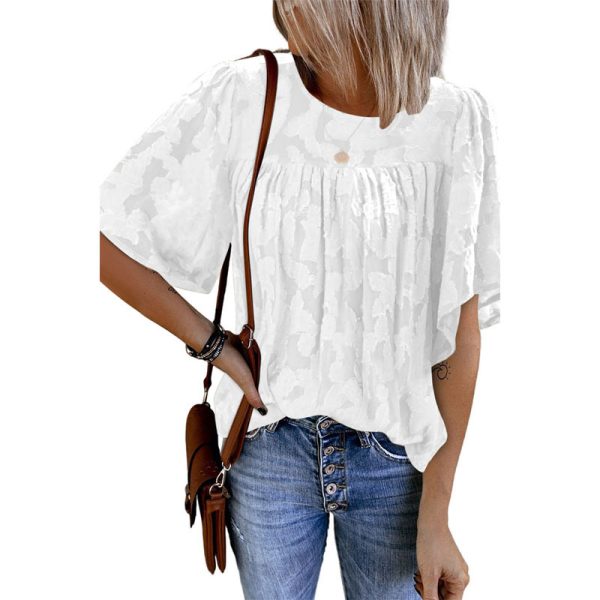 Summer Half Sleeve Lace Shirt Ladies Loose round Neck Pullover