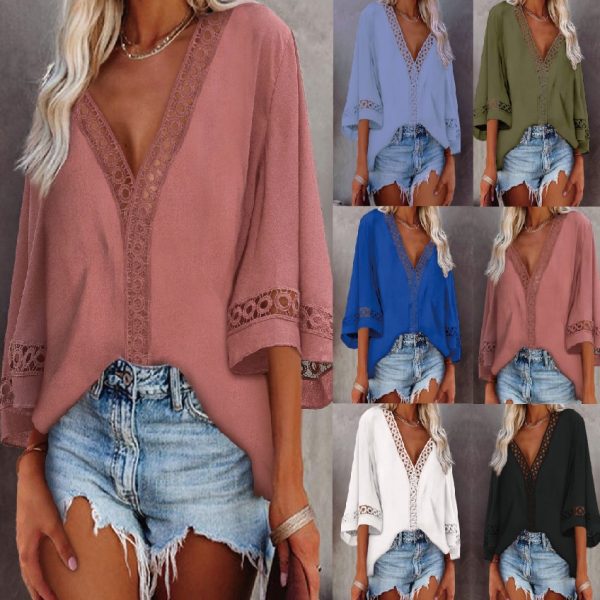 V-neck Hollow Out Cutout Lace Loose Shirt Women Clothing