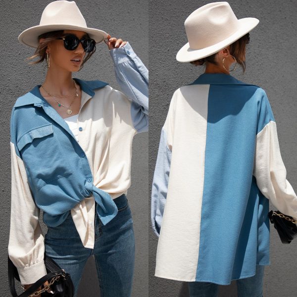 Summer Spring New  Color Block Stitching Shirt for Women