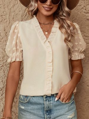 Women Clothing Chiffon Sleeves Shirt V neck Solid Color Top