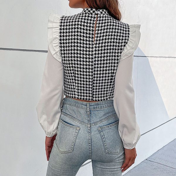 Women Wear Half High Collar Long Sleeves Houndstooth Shirt