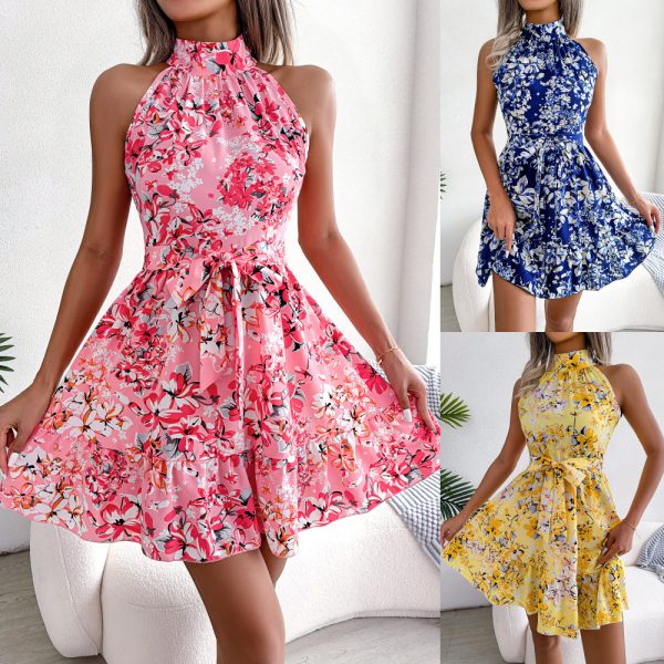 Spring Summer New Elegant Tied Ruffled Large Swing Floral Dress Women Clothing Tiered Dress