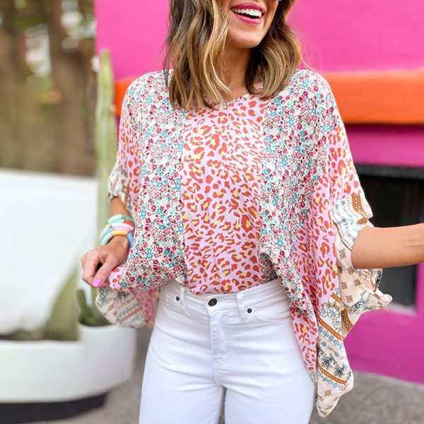 Summer Floral Contrast Color Pullover Top Women Three-Quarter Sleeve T-shirt