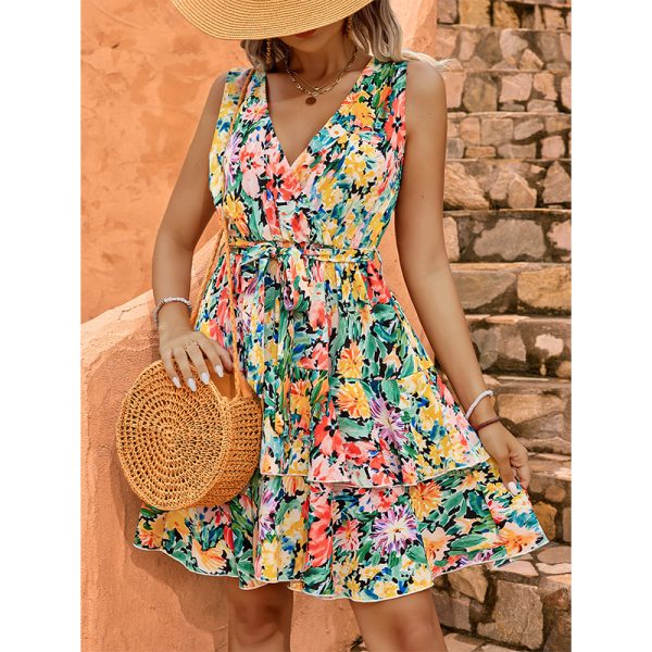 Popular Color V neck Lace up Short Sleeveless Dress