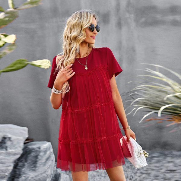 Mesh Stitching Ruffle Dress Summer Elegant round Neck Solid Color