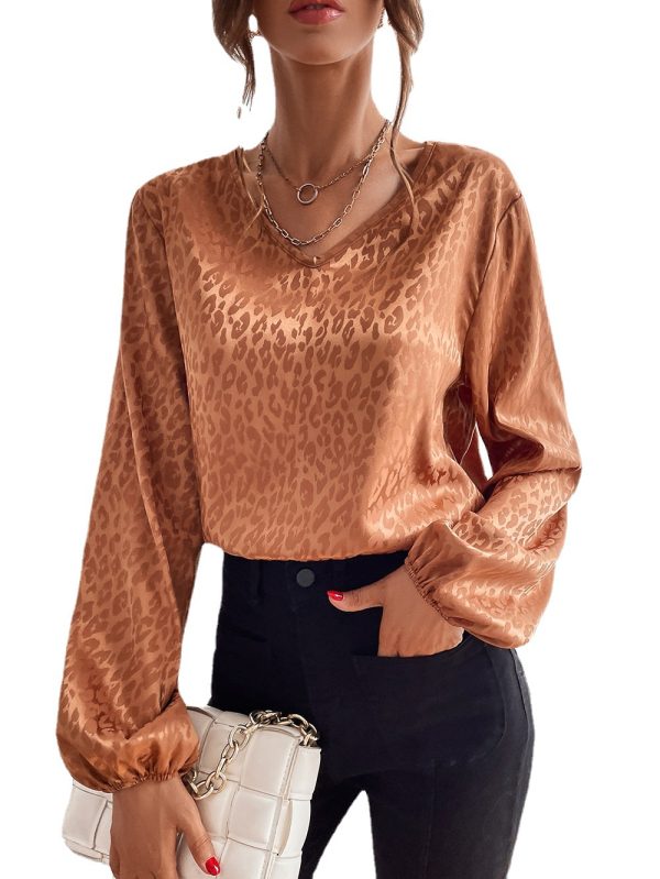 Spring V-neck Pullover Leopard-Print Shirt Women Artificial Silk Jacquard Long-Sleeved Shirt