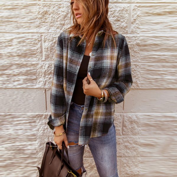 Fall Mid Length Plaid Shirt For Women Collared Loose Long Sleeve Top