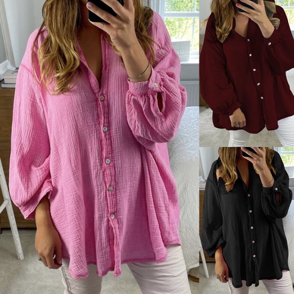 Women Clothing Autumn Solid Color Simple Loose Cotton-Linen Shirt