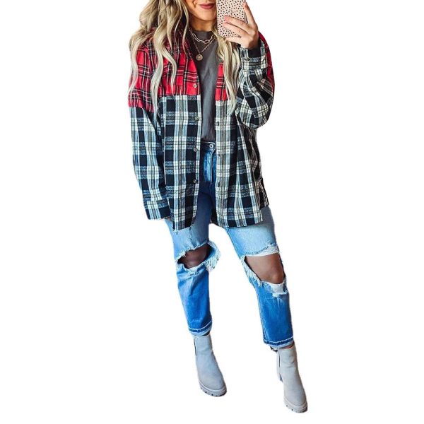 Autumn Winter Plaid Casual Shirt Stitching Printing Long Sleeve Cardigan  Women