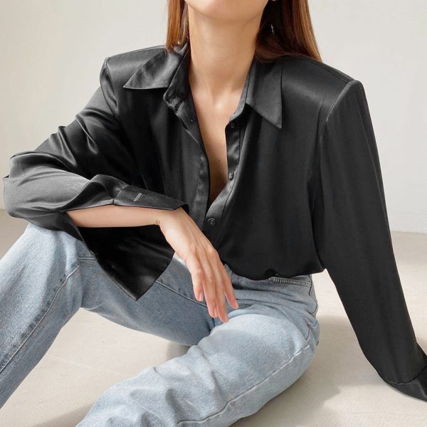 Autumn Winter Women Clothing Long Sleeve Collared Elegant Sexy Satin Right-Angle Shoulder Office Design Pink Shirt