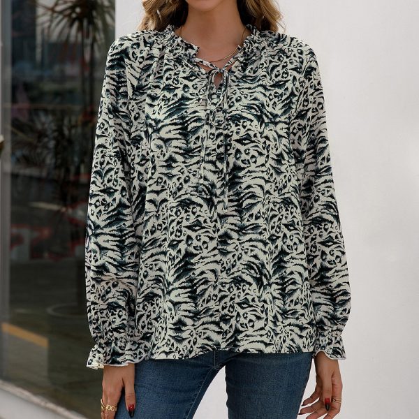 Leopard Print Long Sleeve V neck Shirt Casual Loose Small Floral Wood Ear Collar Shirt Top Women