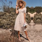 Summer New  Women Clothing Mid-Length Dress Short Sleeve V-neck Solid Color Cotton Linen Dress