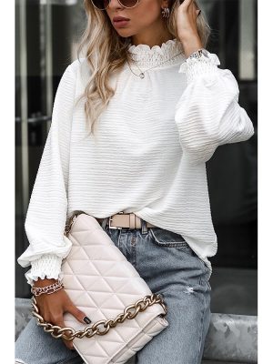 Women Pleated Neck Texture Long Sleeved Top Loose All Matching Simple Bottoming Shirt