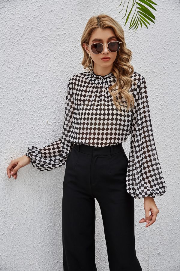 Sleeve Loose Chiffon Women T-shirt Square Plaid Spring Casual Small Shirt