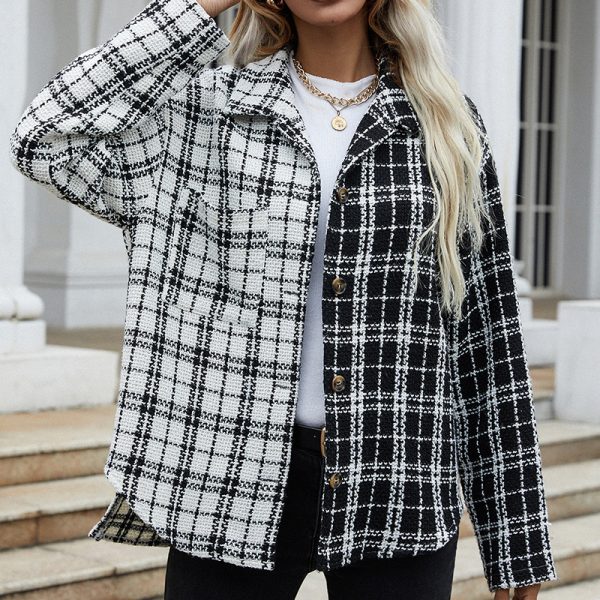 Autumn color block Long Sleeve Shirt Black White Stitching Plaid Single-Breasted Cardigan Women