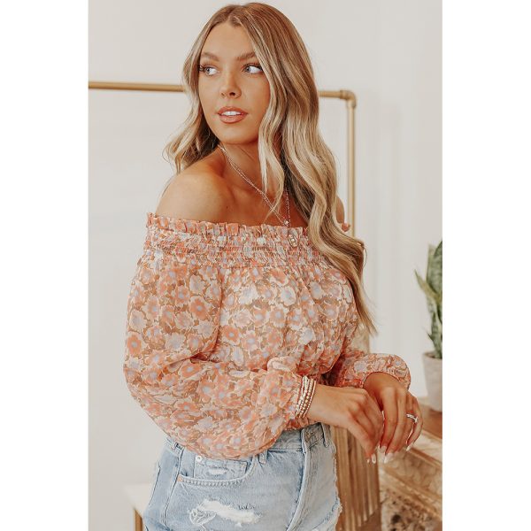 Sexy off-Shoulder off-Shoulder Long-Sleeved Top Women Spring Autumn Waist-Tight Floral T-shirt