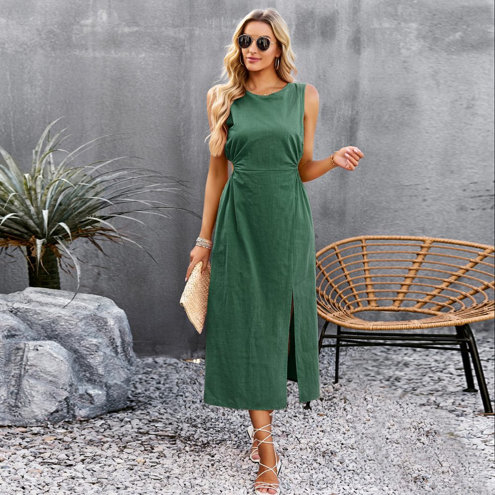 Solid Color Dress Summer Waist Controlled Long Sleeveless Vest Dress