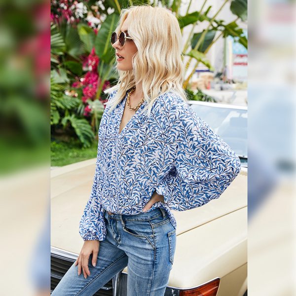 Summer V-neck Pullover Bishop Sleeves Top Casual Basic Long-Sleeved T-shirt Blue Printed Loose Women Wear