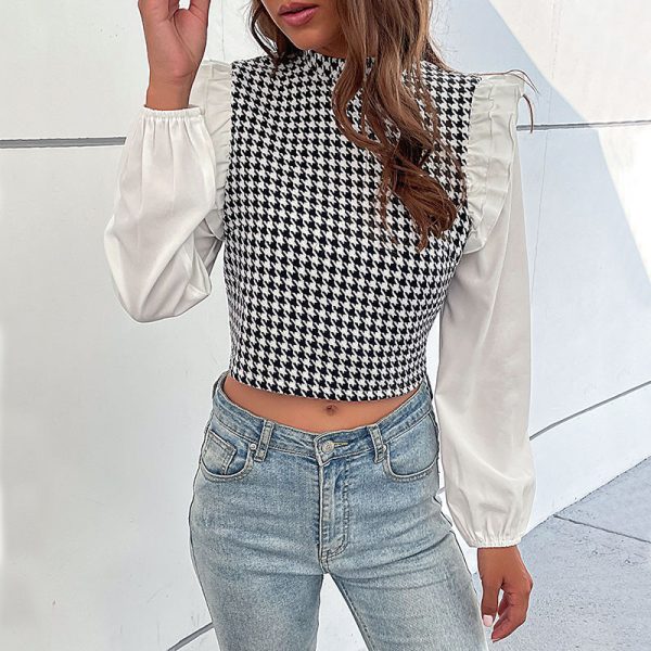 Women Wear Half High Collar Long Sleeves Houndstooth Shirt