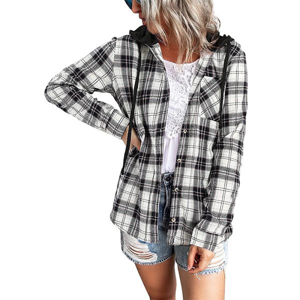 Women Clothing Autumn Winter New  Plaid Hoodie Single Row Button Casual Shirt