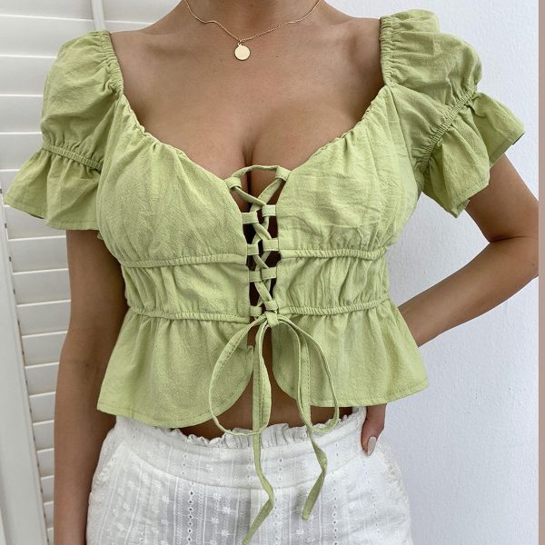 Exclusive for Women Clothing Chest Rope V neck Ruffle Short Top